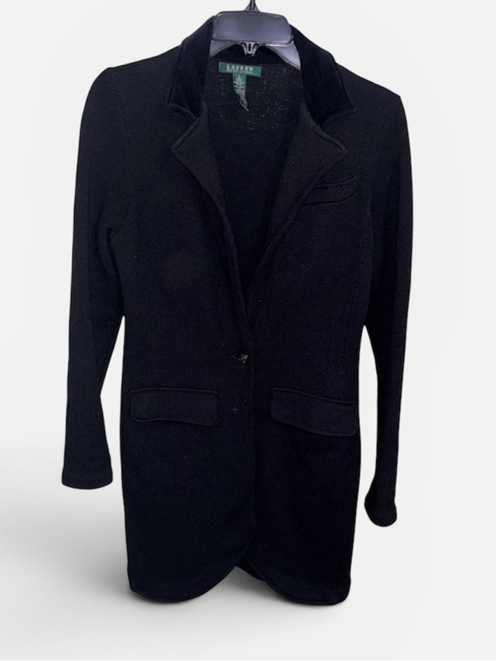 Vintage Suede Collar Wool Blend  Cardigan Black Lauren by Ralph Lauren Small
